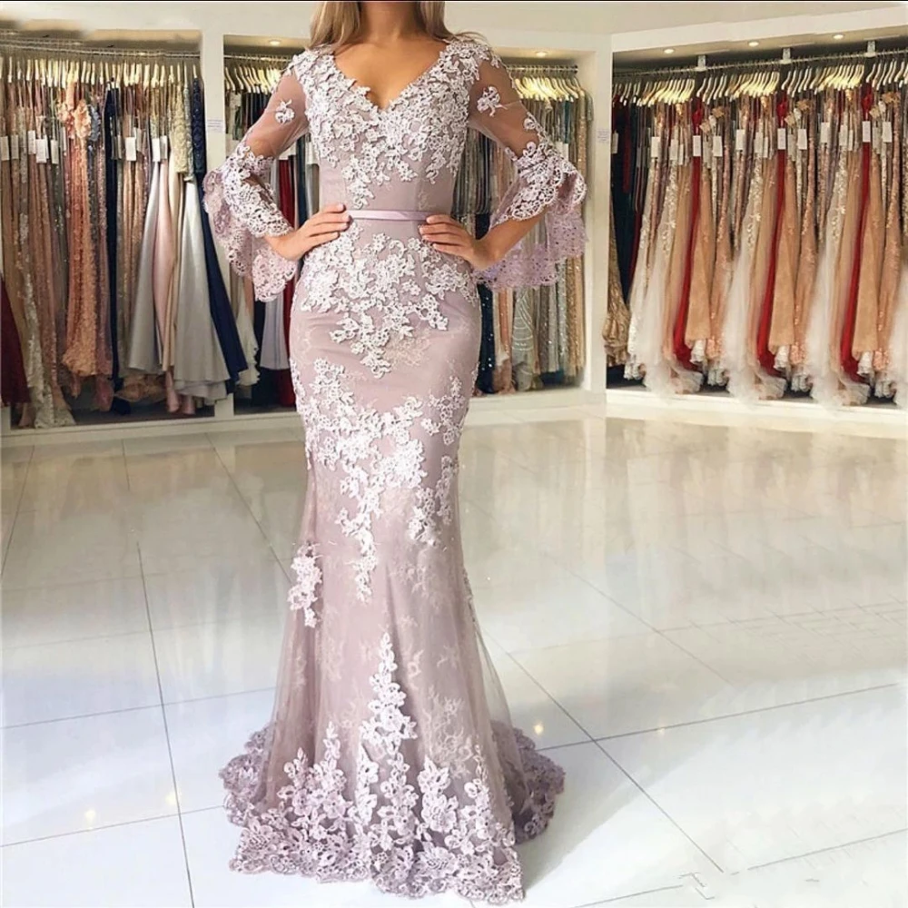 

2019 V Neck Long Lace Mermaid Prom Dresses Flare Sleeves Floor Length Formal Evening Gowns Hot Sale, Custom made