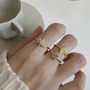 INS Bezel setting Rhinestone Flower squares diamonds real gold plated 925 sterling silver resizable ring