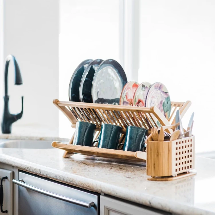 

Professional Supplier Degradable Bamboo Wood Collapsible Drying Kitchen Sink Dish Rack With Drain Tray, Natural