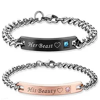 

Romantic Her Beast His Beauty Couple Bracelets Stainless Steel Crown Charm Bracelets for Women Men Xmas Crystal Bangle