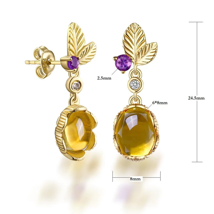 

Bohemian earrings 14K gold leaf citrine earrings gemstone jewelry, Yellow