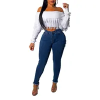 

81203-MX50 off shoulder crop top knitted hot girls sweater with tassel