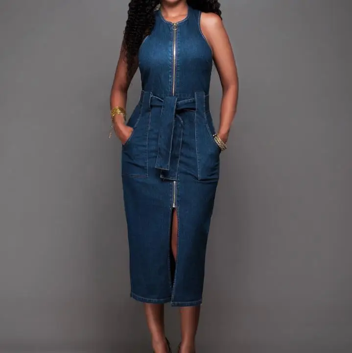 

zm51313b europe fashion slim dress women sleeveless denim dresses lady