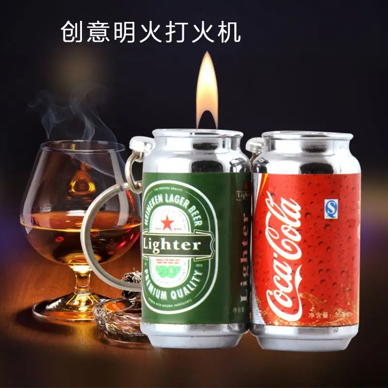 

Creative personality Coke bottle shape inflatable open flame with key chain inflatable gas lighter 029 cans, 3 color