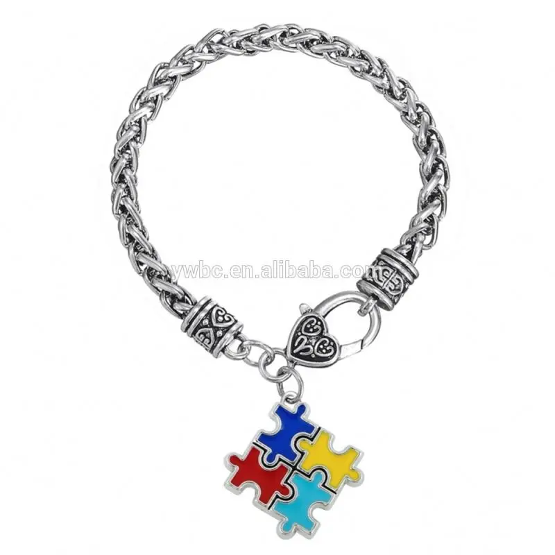 Fashion jewelry coloful Material Rhodium Plated Enamel Puzzle Piece Autism Pendant link bracelet