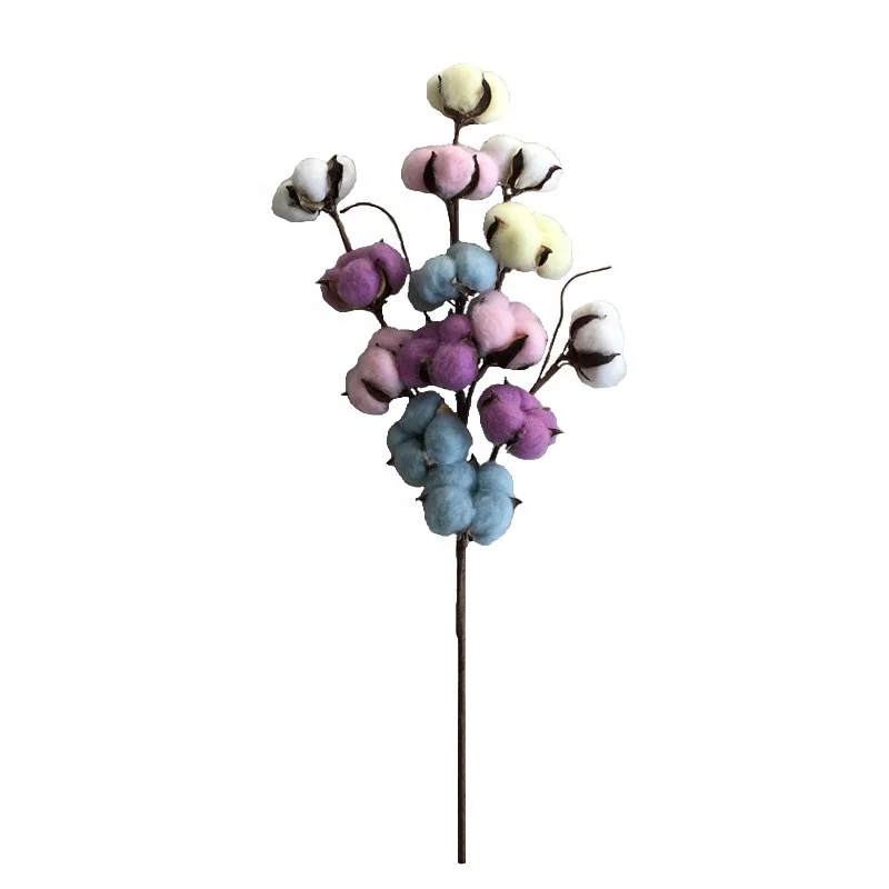 

2019 New Design 21 inch 14 Head Colored Natural Cotton boll Dry Flower Branches