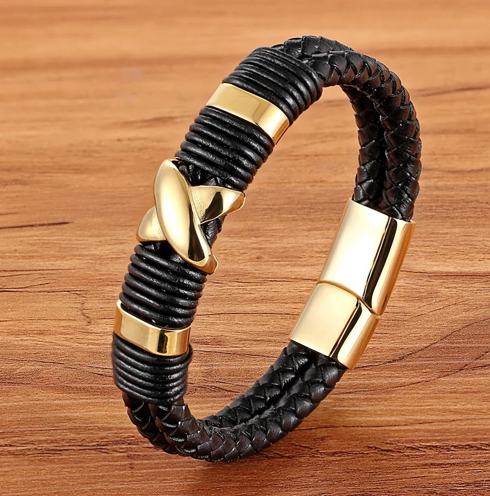 

New Fashion Hot Sale Luxury Accessories Bangle Men Genuine Leather Bracelet Gold with Geometric/Skeleton Design Jewelry Present, Black,gold