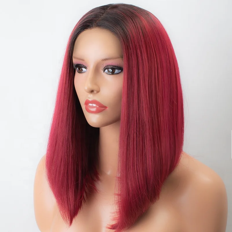 

Aliblisswig Heat Resistant Fiber Hair Two Tone Dark Root Ombre Red Short Bob Straight Synthetic Lace Front Wig