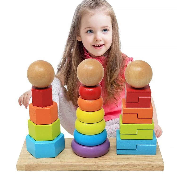 Wooden Geometric Stacker Shape Tower Educational Stack Up Toys For Kids ...