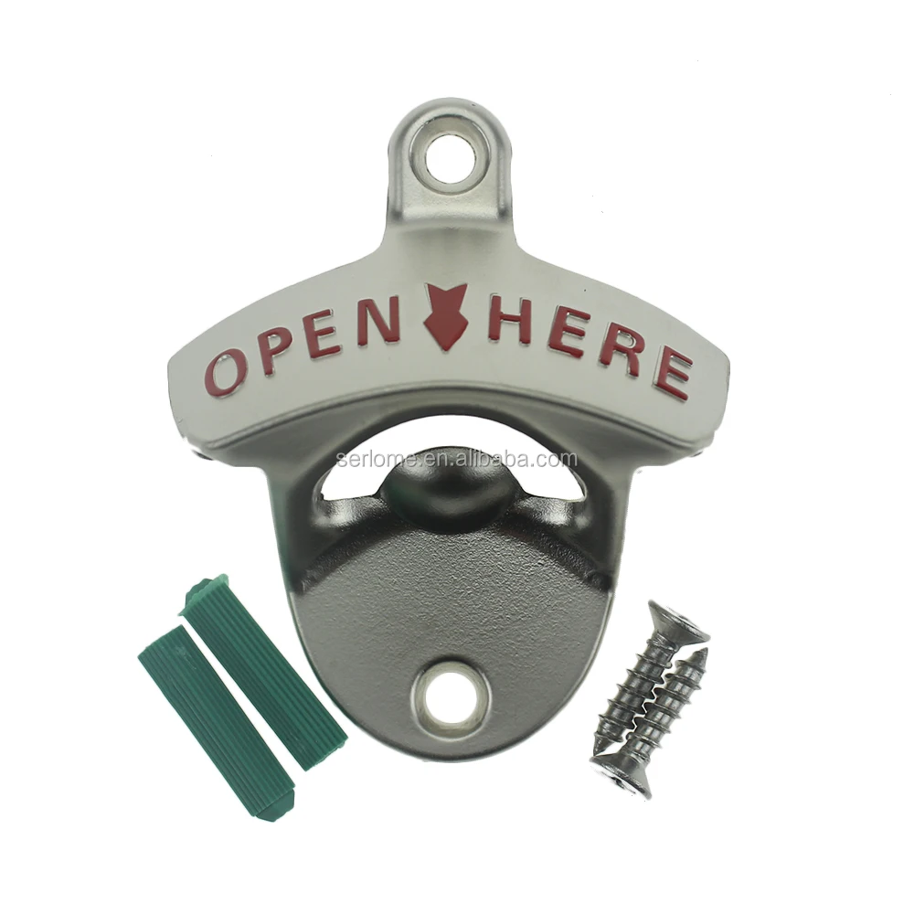 
Matted Nickel Zinc Alloy Metal Embossed OPEN HERE Wall Mount Stationary Bottle Opener 