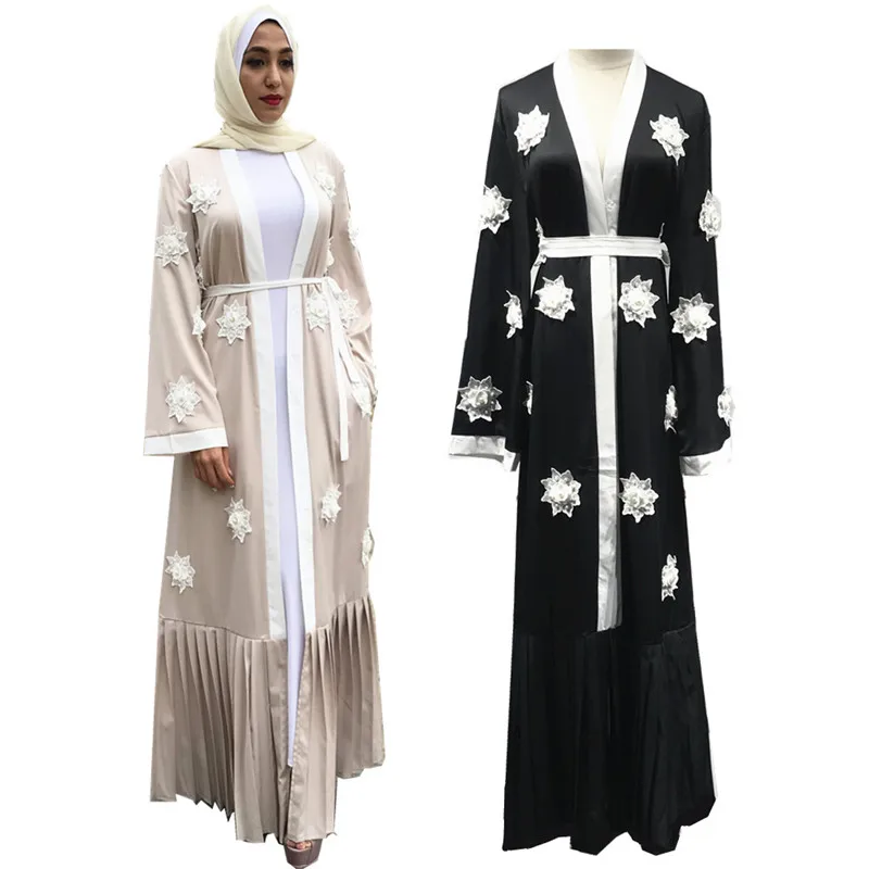 

Fashionable Islamic Clothing Arabia Jilbab New Emboriery Flower Pearl Dubai Open Abaya, Black,nude