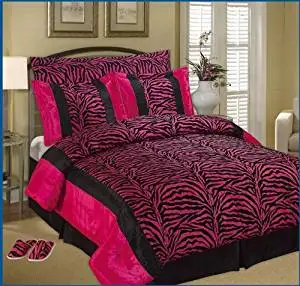 Buy 7pc Full Queen Faux Silk And Flocking Printing Black Pink
