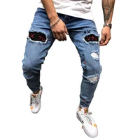 

Hight quality men's jeans tight Destroy pant denim blue skinny Hole embroidery jeans ripped Hip-hop slim men jeans stock OEM