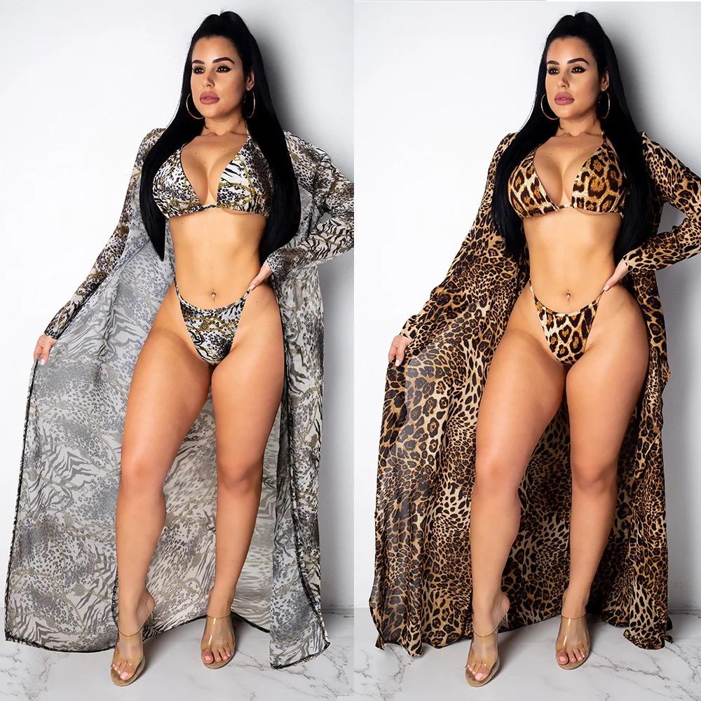 Ready to Ship OEM ODM MT101-3602 sexy bikini 3-piece leopard print swimwear women long coat