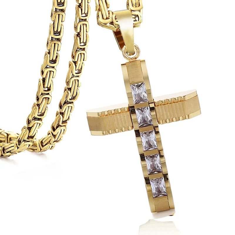 

Cross Pendant Necklace for Men Stainless Steel Chain Mens Necklaces Paved Clear Rightstones Gold Silver Tone