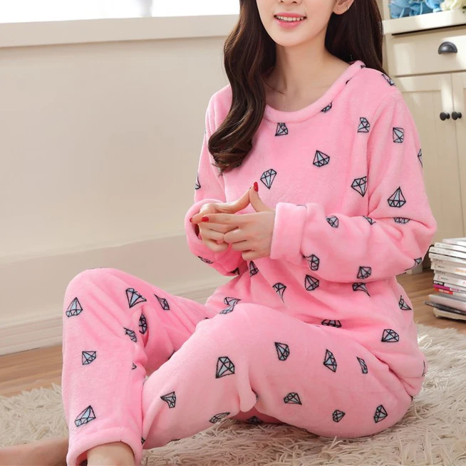 Wholesale Flannel Pyjamas Winter For Women Long Sleeve Cartoon Printed Sleepwear Pajama Sets Cute Home Clothes Pijamas