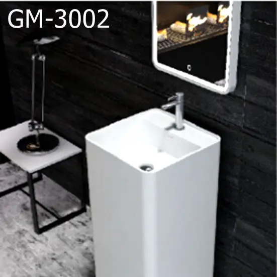 GM-3002  solid surface artificial stone white pedestal hand wash basin for bathroom sink