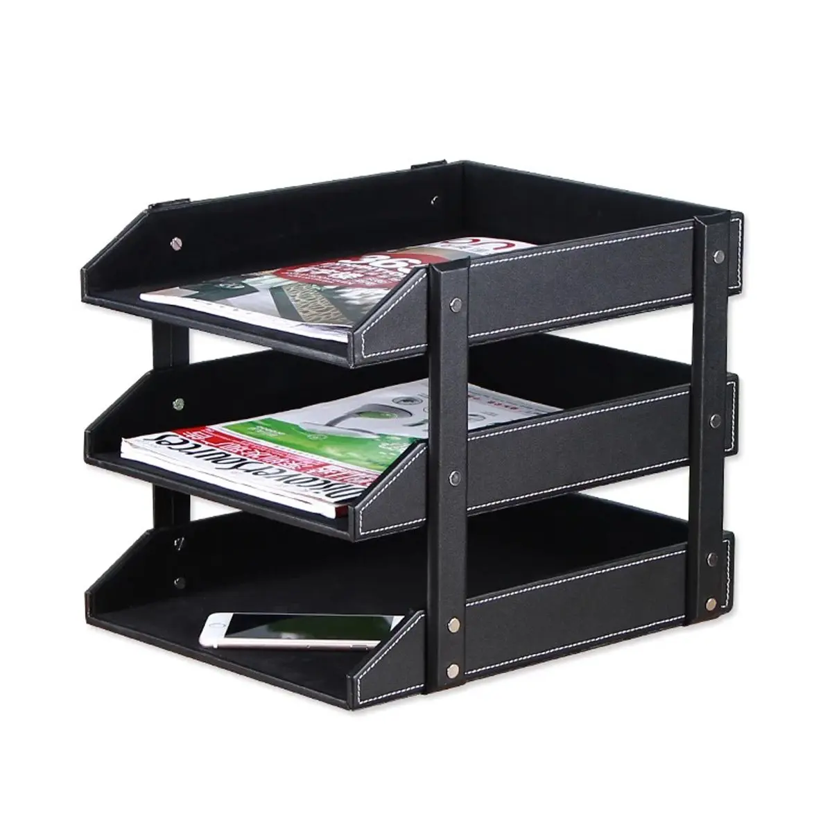 
Three-layer Business leather file rack desktop storage rack office supplies file basket file tray 