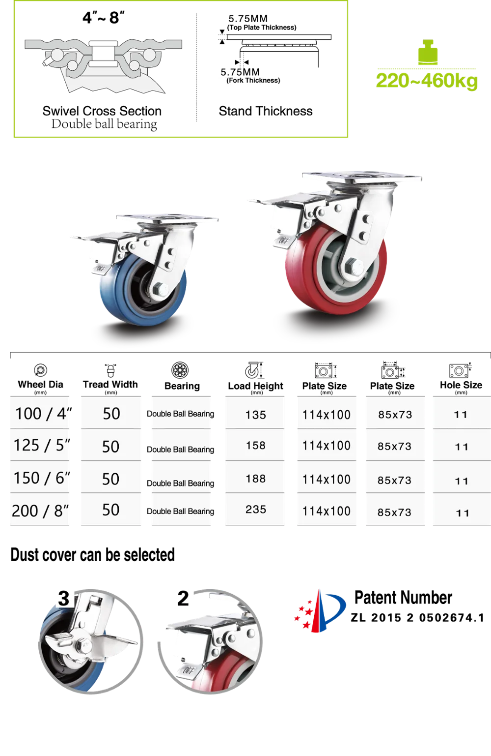 Double Brake Swivel Industrial 4 Inch Heavy Duty PU Caster Wheel