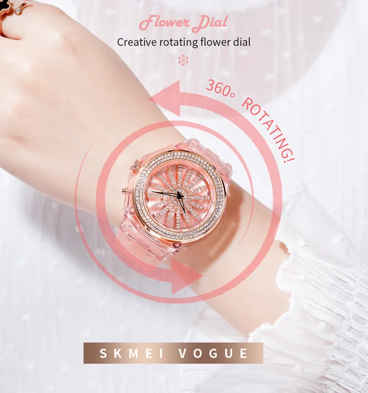 Новейший дизайн часов для женщин Skmei 1536 женские часы креативные вращающиеся часы с цветком и бриллиантовым циферблатом Япония движение