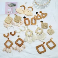 

Retro Female Round Hollow Imported Bamboo Straw Braid Geometric Rattan Earrings Handmade Rattan Tassels Shell Earring For Women