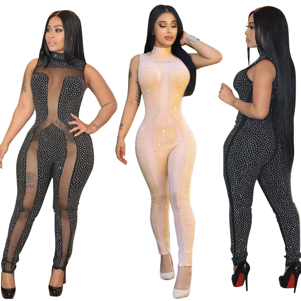

9032527 Women sexy see-through diamond-encrusted slim club jumpsuit
