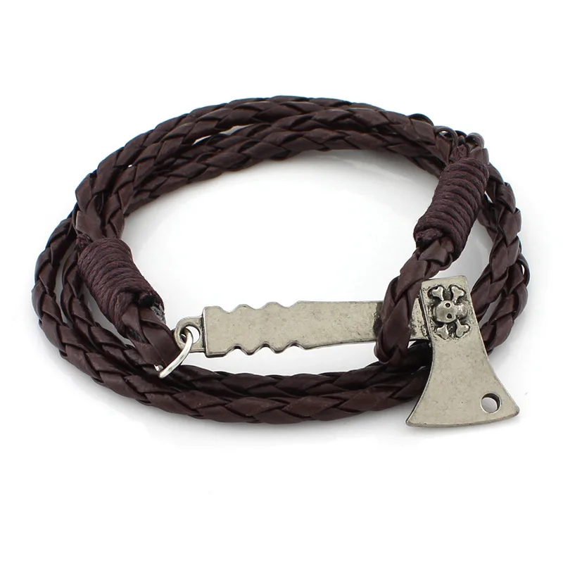 

Black rope weave bracelet Non-mainstream street punk Style leather rope weaving axe skull bracelet