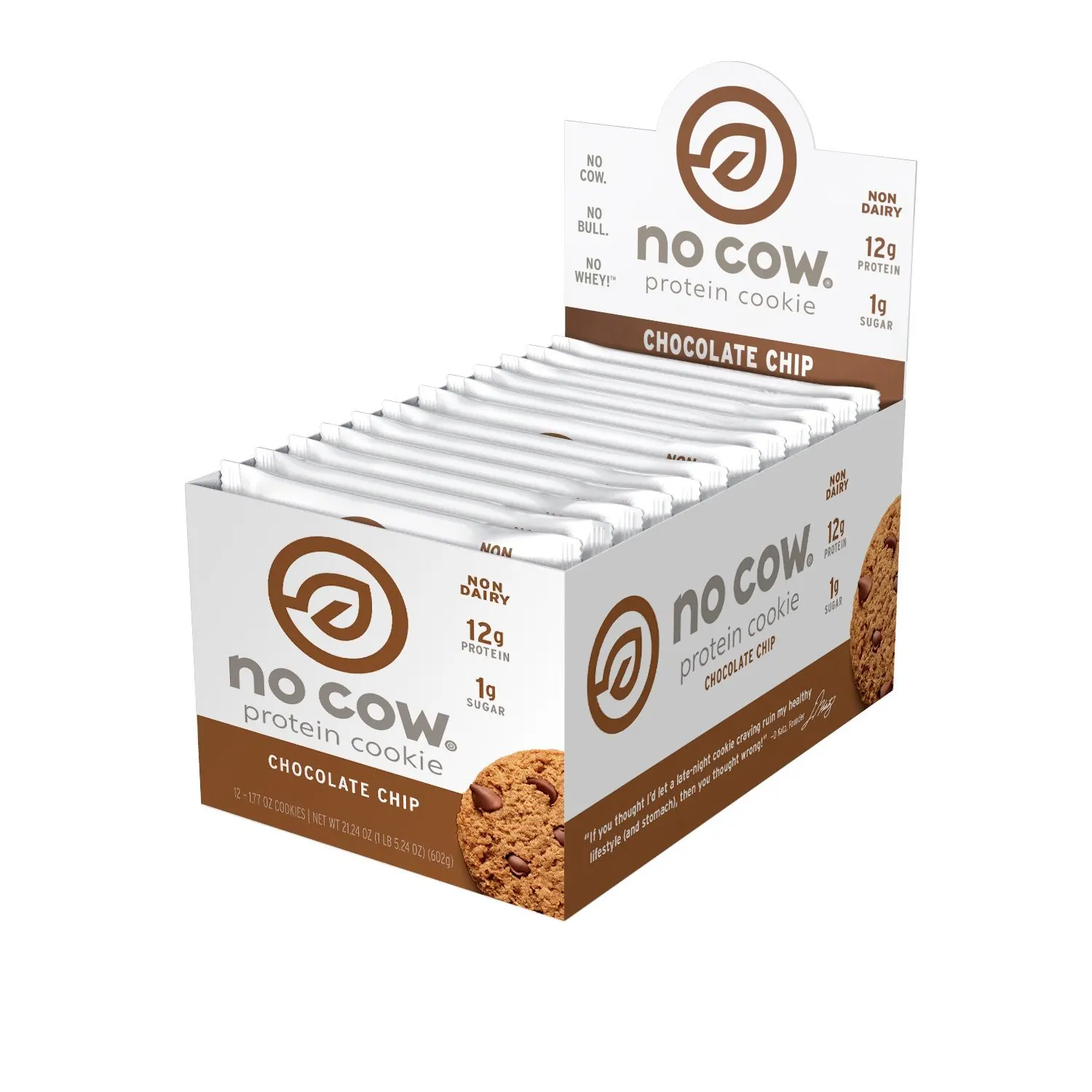 No Cow Protein Cookie, Chocolate Chip, 12g Plant Based Protein, Low Sugar, Dairy Free, Gluten Free, Vegan, 12 Count