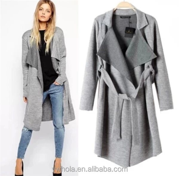 

European Style Casual Cardigan Winter Women Long Knitted Coat With Belt, Gray