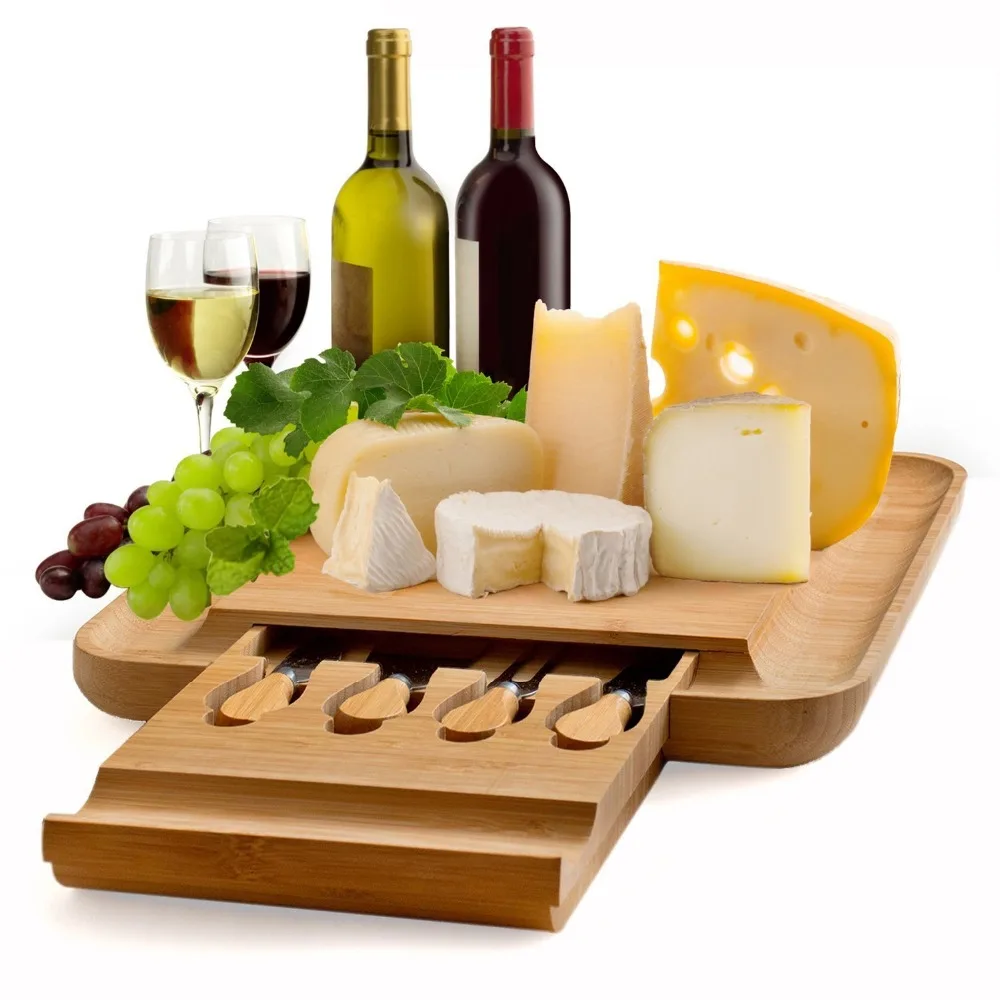 100% Natural Bamboo Cheese Board & Cutlery Set with Slide-Out Drawer