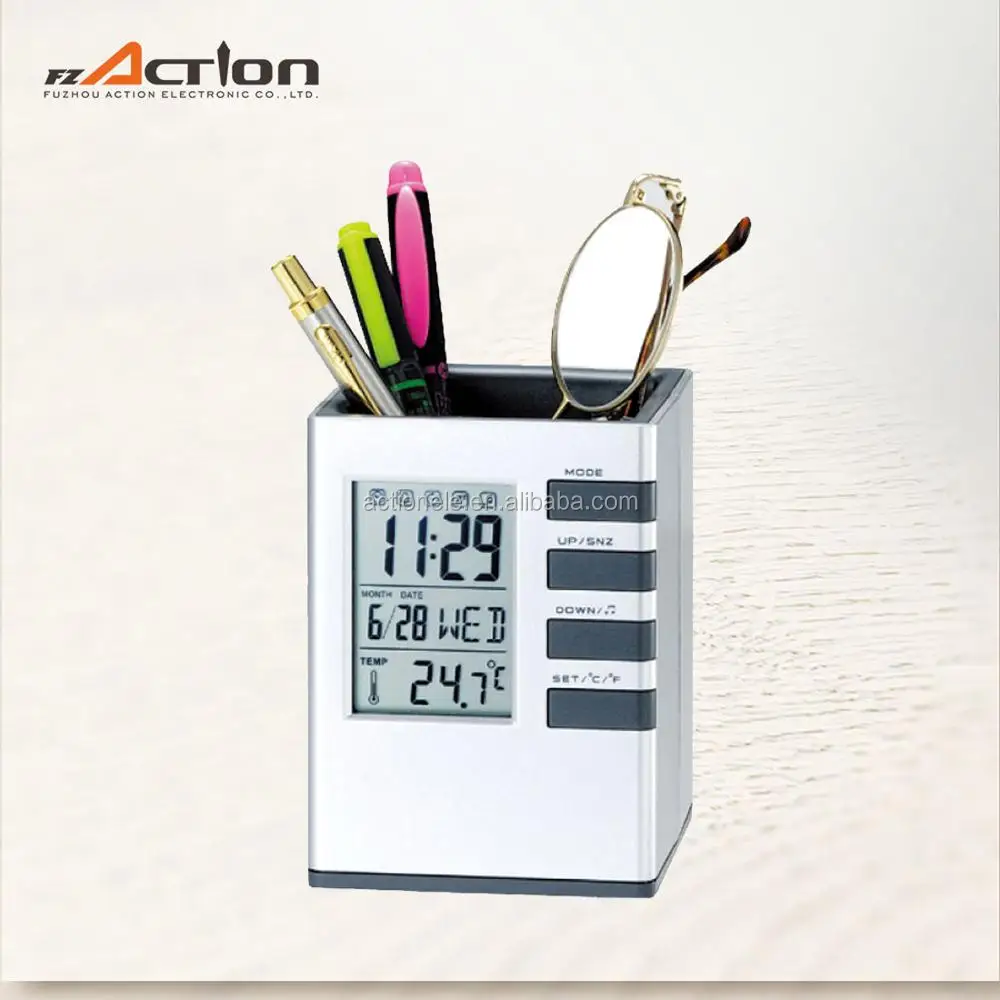 

Cheap promotion digital pen holder desk alarm time clock, Black and silvery