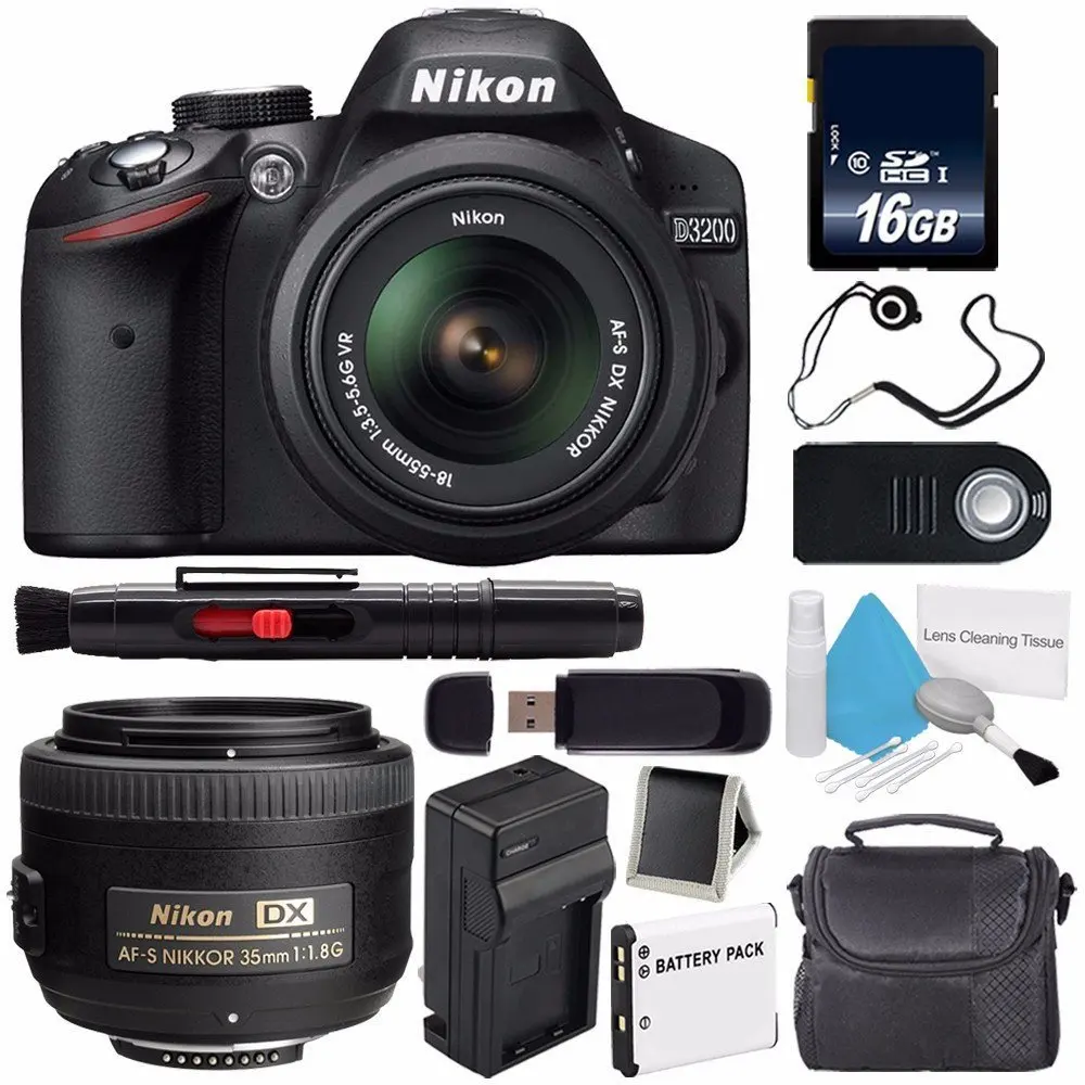 Nikon D3200 Digital Camera w/ 18-55 VR II Lens (International Model No Warranty) + Nikon AF-S DX NIKKOR 35mm f/1.8G Lens + 16GB SDHC Class 10 Memory Card + SD Card USB Reader Bundle 67