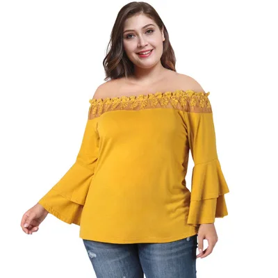 

F20308A Latest fashion plus size Lace long sleeve T-shirt for fat women, Yellow;navy