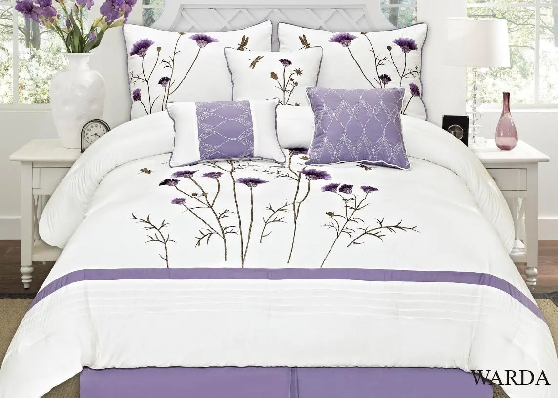 Buy Fancy Collection 7 Pc Embroidery Bedding Off White Purple