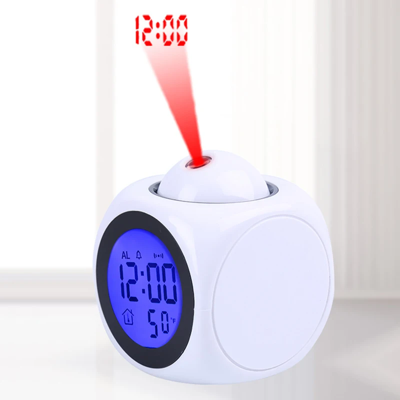 

English voice hourly time LED light color screen calendar digital wall projector clock led light digital wall clock, White black