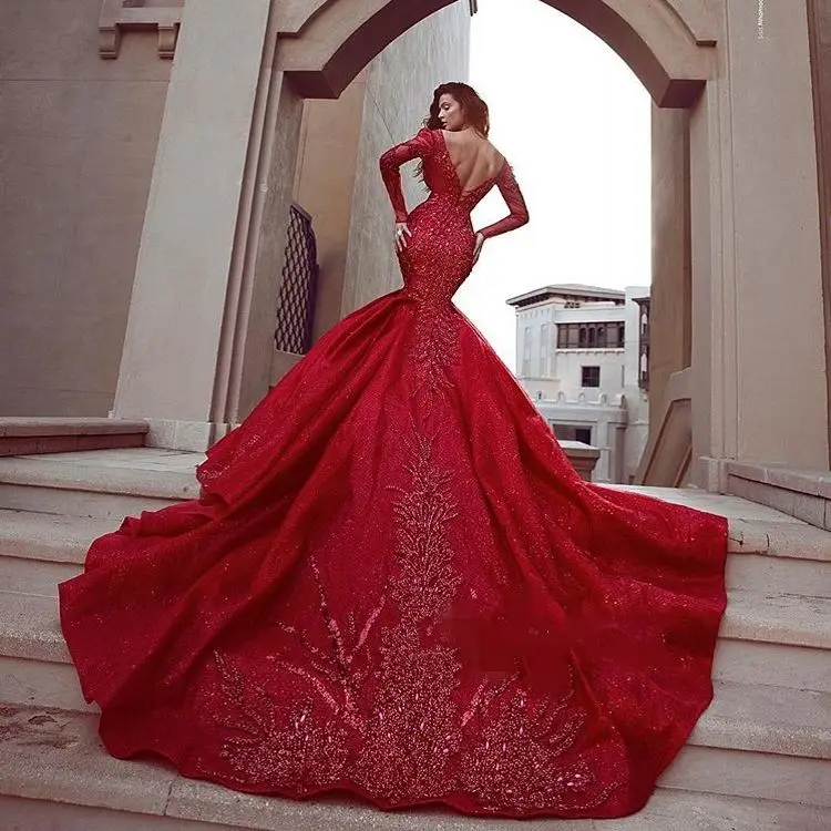 

2020 Gorgeous Red Prom Dresses Mermaid Long Sleeves Lace Appliques Evening Gowns, Custom made