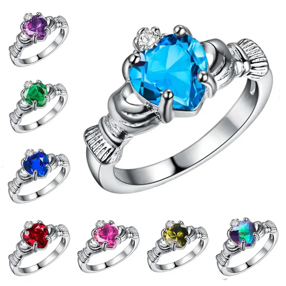 

New 925 Sterling Silver Inlaid Colorful Heart Birthstone Ring, Silver+colorful