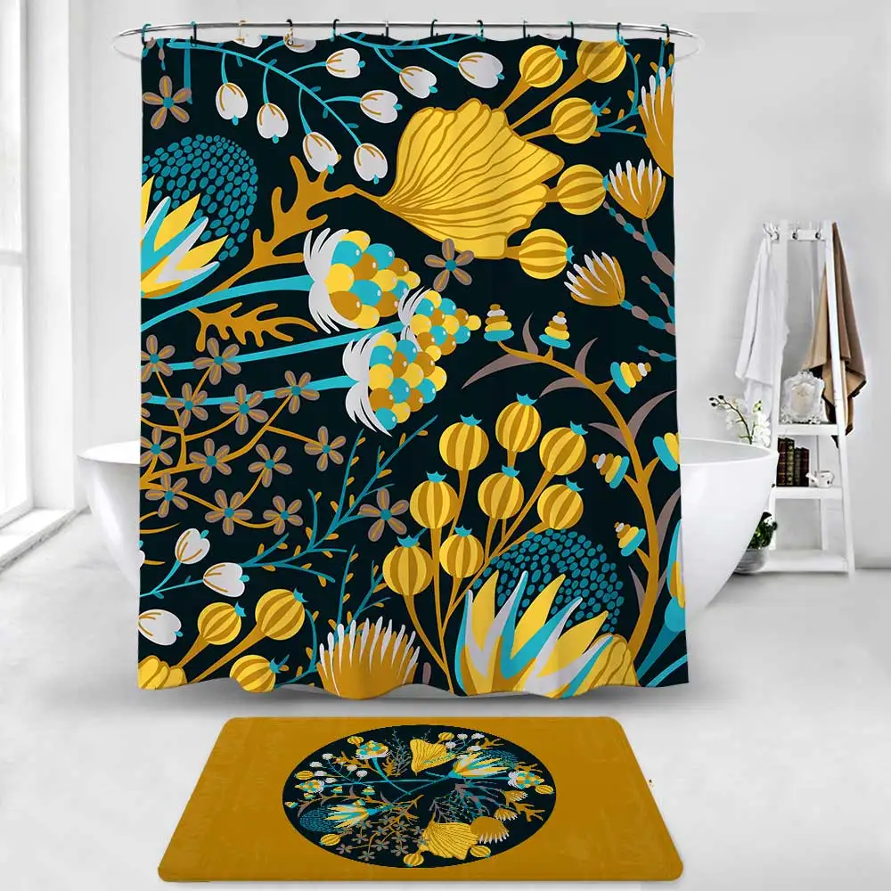 

Shower Curtain 180*180cm and bathroom Mat Set, Waterproof Fabric Bathroom Curtain and Rug Set with Hooks, Customized color