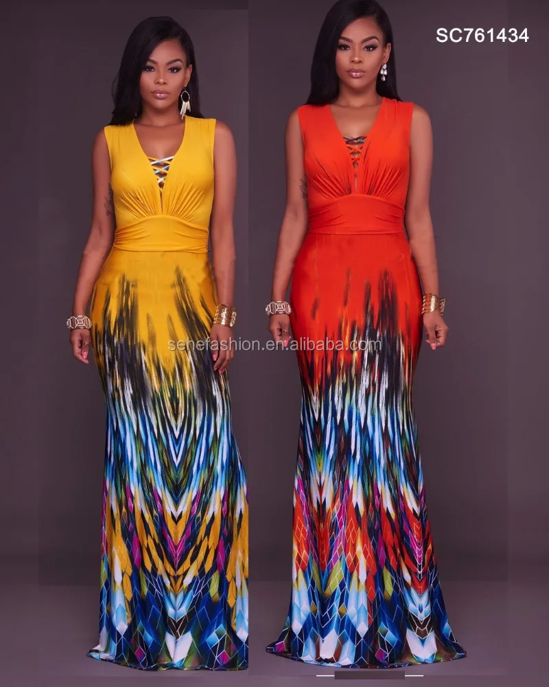 

OEM custom ethnic sleeveless print long bodycon maxi dress for women