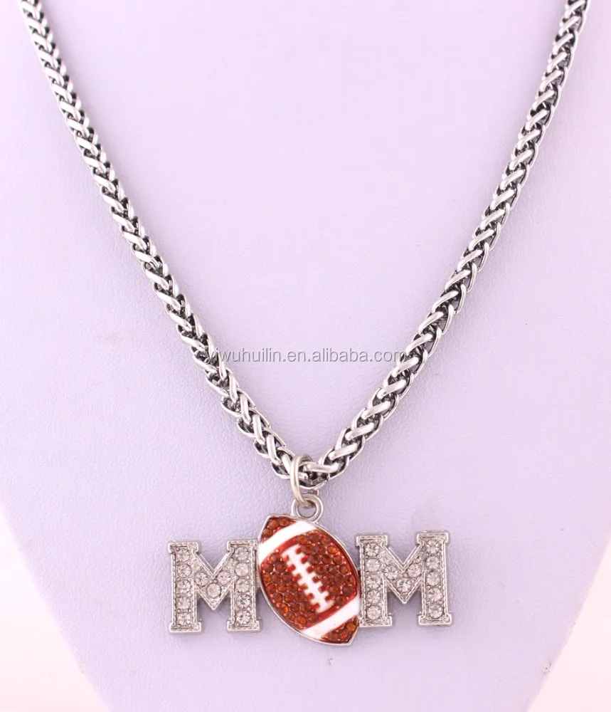 

A500318 Fashion Jewelry Mom Letter football Silver Plated colorful Crystal With Lobster Clasp Wheat chain Sport necklace, Mom football necklace