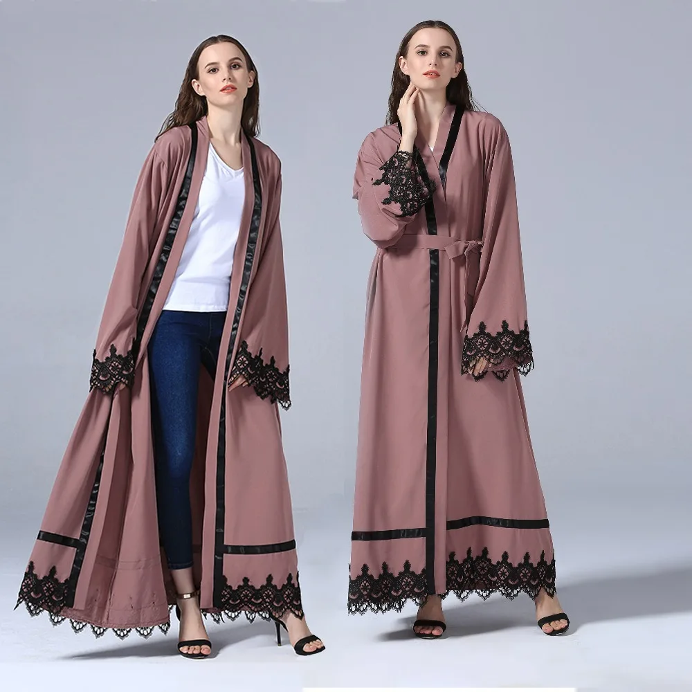 

2018 turkish women clothes front open sudan dubai maxi kimono pink lace long cardigan islamic muslim casual abaya dress
