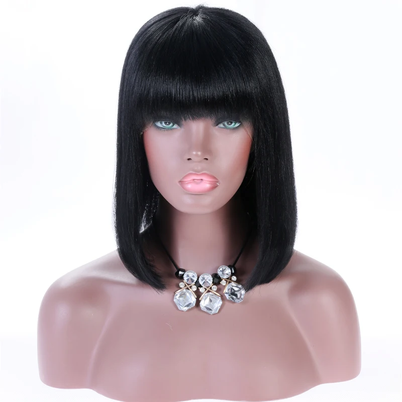

2019 New arrival brazilian remy hair pre plucked hairline bleached knots Bob Cut 360 lace frontal wig with hair bang, Natural color,1b#