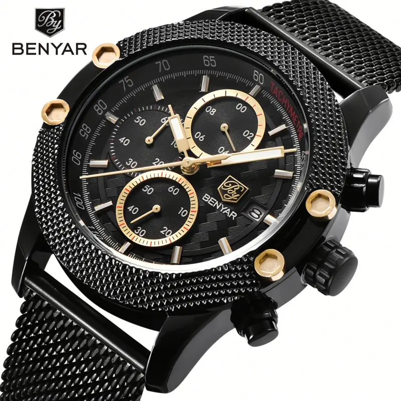 

BENYAR Mens Watches Top Luxury Sport Chronograph Fashion Men Waterproof Luxury Brand Gold Quartz Watch saat reloj hombre, 4 colors