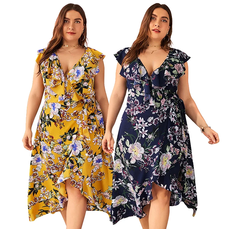 

2 Colors Hexin New Deep V Neck A-Line Printed Plus Size Women Dresses