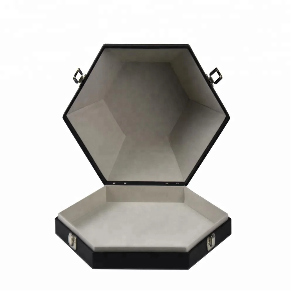 

Luxury hexagon hat boxes black leather gift hat packaged box with handle with custom printed hat box