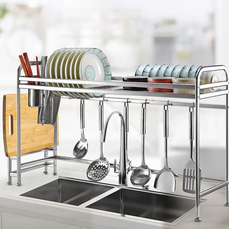 

Kitchen Cabinet Stainless Steel Double Tiered Plate Bowl Dish Rack Dish Holder, Natural color