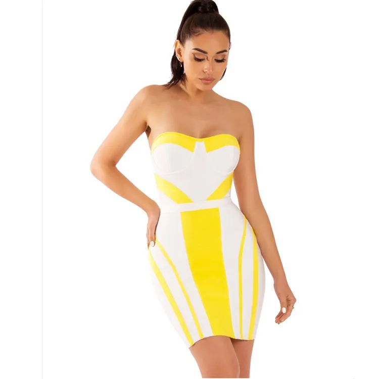 

2018 Summer Yellow Women Celebrity Evening Party Rayon Cheap Bandage Dress