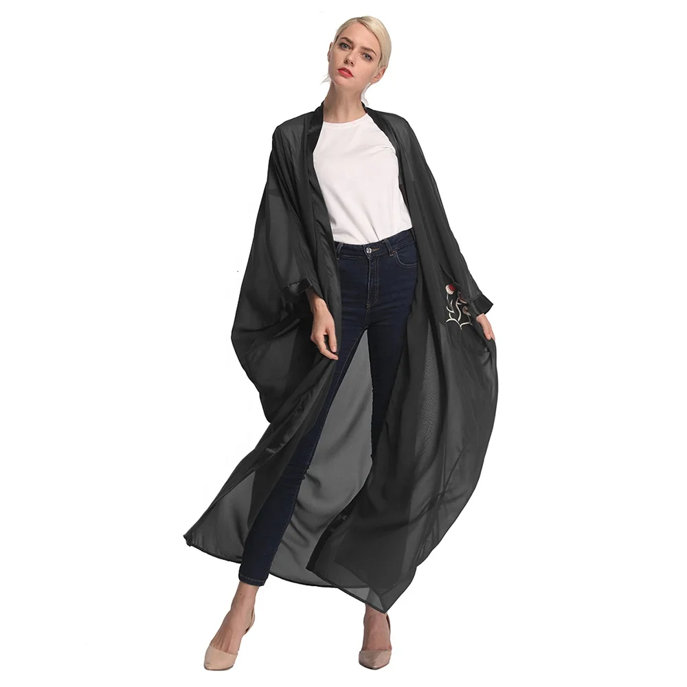 

2019 fashion abaya butterfly dubai style cardigan chiffon embroidery kaftans, Black,dark green