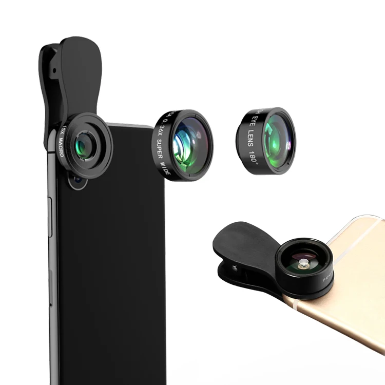 

Newest 3 In 1 Optical Glass Lens 0.36X Super Angle Wide 15X Macro 180 Degree Fisheye Mobile Smart Phone Camera Lens, Black/silver/green/blue/champagne/rose red