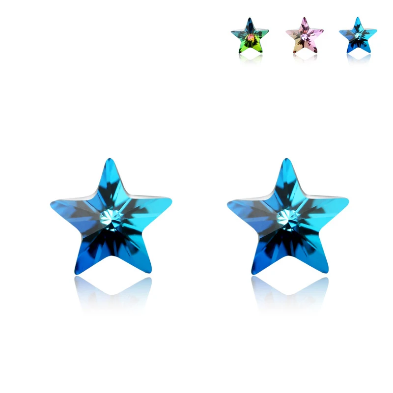 

ELBLUVF 925 Sterling Silver Jewelry Post Crystal Lucky Star Shaped Earrings Three Colors For Choose, Colorful, blue and purple